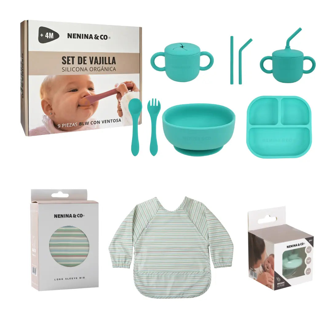 Kit Deluxe Vajilla + Babero BLW Pink 9 Piezas de Silicona orgánica con ventosas Nenina & Co 