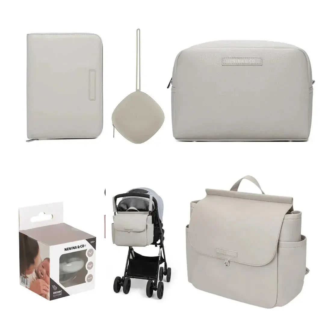 KIT NACIMIENTO Portadocumento + Guardachupete + Neceser + Cambiador + Bolso maternal + Chupete Classic Breat Nenina & Co 
